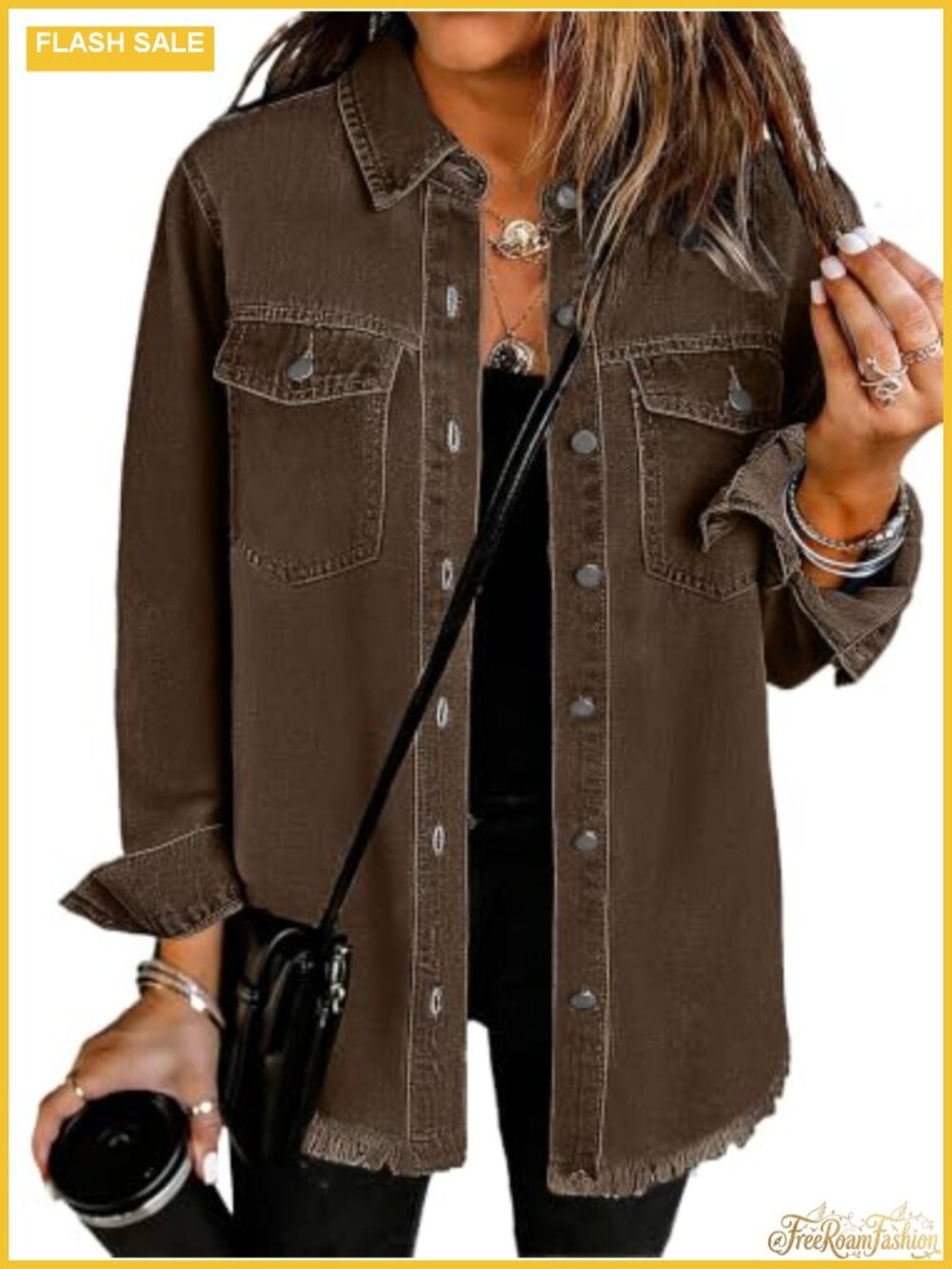 Oversized Distressed Denim Shacket Women Casual Button Down Long Sleeve